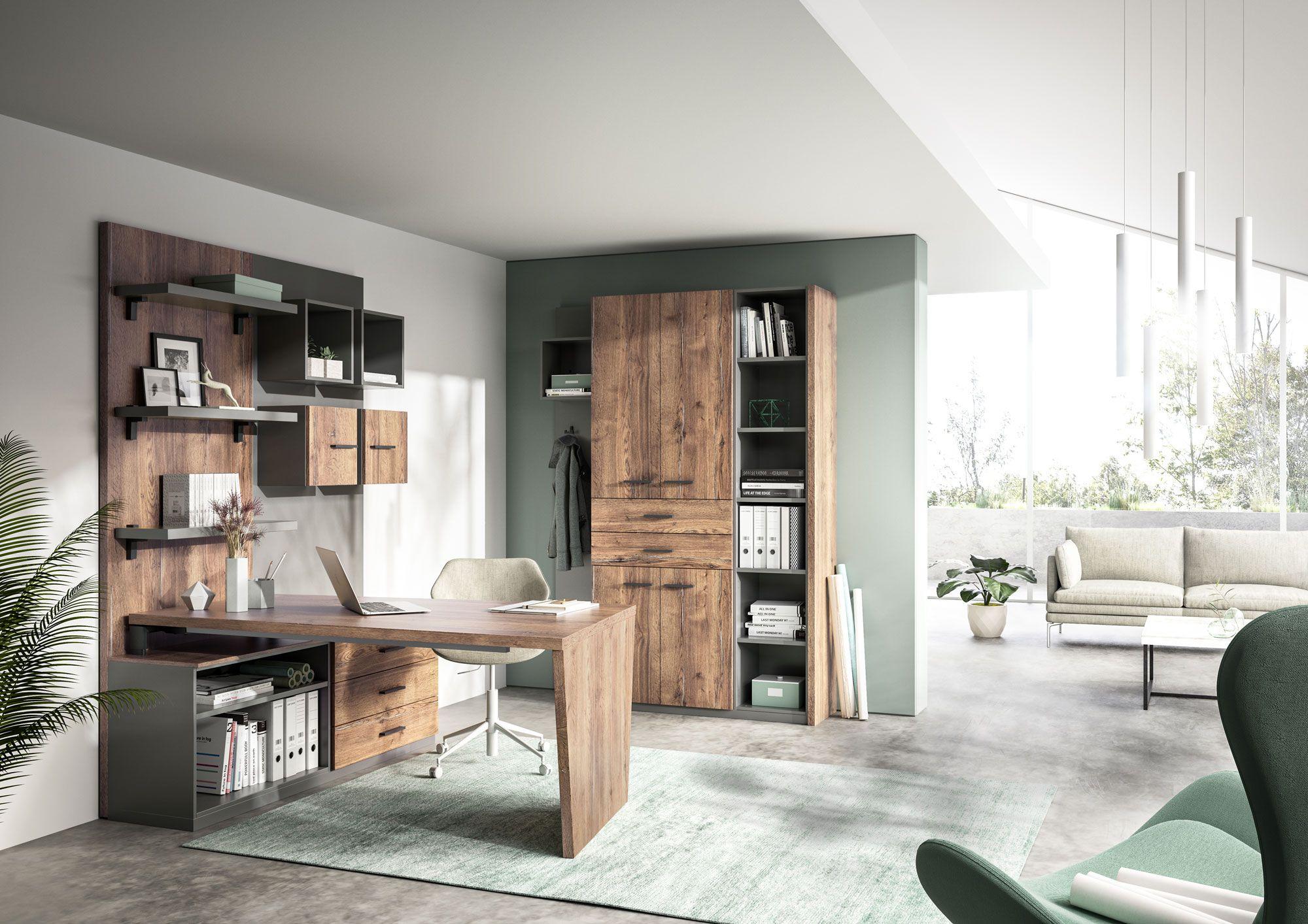 Hochwertige Büromöbel aus Holz mit modernem Design, einem L-förmigen Schreibtisch und integrierten Regalen. Perfekt für ein repräsentatives Arbeitsumfeld.