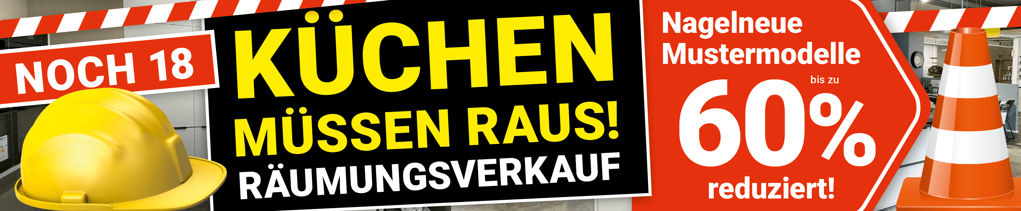 Desktop-Banner zum Melber Umbau-Abverkauf mit Ausstellungsküche, zwei Mitarbeitern und rot-weißem Absperrband. Schriftzug: „28 Küchen und 7 Bäder müssen raus – nagelneue Mustermodelle bis zu 60 % reduziert."