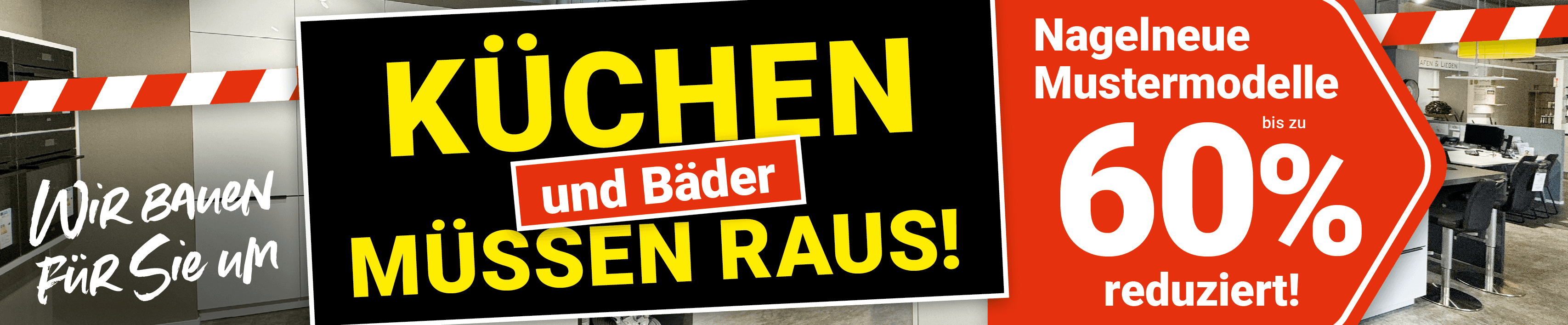 Desktop-Banner zum Melber Umbau-Abverkauf mit Ausstellungsküche, zwei Mitarbeitern und rot-weißem Absperrband. Schriftzug: „28 Küchen und 7 Bäder müssen raus – nagelneue Mustermodelle bis zu 60 % reduziert."